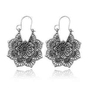Boho Carved Flower Drop Earrings Hollow Floral Pendant Earrings Silver Plate